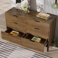 Dark Oak Sideboard with 6 Drawers and Industrial Metal Frame, Industrial Rustic Cabinet with Adjustable Feet, 120L x 40W x 76H cm, Dark Oak(m-8)