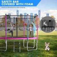 Outdoor Trampoline with Basketball Hoop and Safety Net, Heavy Duty Rebounder with Weatherproof Steel Frame, 366L x 366W x 76H cm, Pink(m-5)