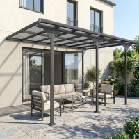 Outsunny Pergola adossée aluminium 4,5 x 3 m avec toit en polycarbonate résistant UV, gouttière intégrée, tonnelle de jardin pour terrasse patio véranda, gris(m-10)