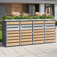 4-Compartment Outdoor Bin Enclosure with Integrated Planter, Planter-Top Quad Bin Storage with Lockable Doors, 264L x 80W x 124.5H cm, Grey+Wood(m-1)