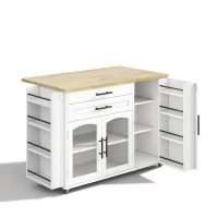 Mobile Kitchen Island Trolley with Lockable 360° Wheels, Glass-Door Storage Cabinet with Adjustable Shelves, 138L x 70W x 90H cm, White(m-15)