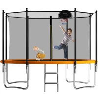 Outdoor Trampoline with Basketball Hoop and Safety Net, Heavy Duty Rebounder with Weatherproof Steel Frame, 366L x 366W x 76H cm, Orange(m-2)