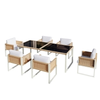 Set de comedor de polirratán para 6 personas, tablero de vidrio templado, fundas desmontables y lavables, Marrón+Blanco