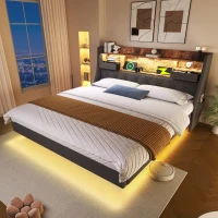 Upholstered Double Floating Bed with LED Mood Lighting, Low-Profile Floating Bed Frame with Storage Headboard, 202L x 142W x 114H cm, Grey(m-10)