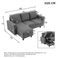 L-Shaped Corner Sofa with Hidden Storage and Side Pockets, Reversible Sectional Couch with Sturdy Wooden Frame, 180L x 120W x 72H cm, Gray(m-3)