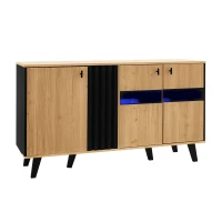 On-Trend Sideboard with Colour-Coordinated Design, Stylish Storage Cabinet with Glass-Front Door, 140L x 41W x 78.5H cm, Black+Wood(m-12)