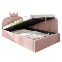 Upholstered Daybed with Hydraulic Storage and Crown Headboard, Space-Saving Guest Bed with Padded Velvet Upholstery, 199L x 96W x 96H cm, Pink(m-2)
