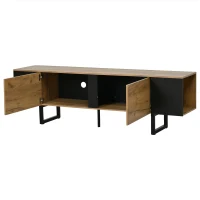 Natural-Wood TV Cabinet with Open Shelves and Soft-Close Doors, Stylish TV Stand with Durable Chipboard Construction, 180L x 40W x 55H cm, Natural(m-11)