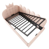 Upholstered Daybed with Hydraulic Storage and Crown Headboard, Space-Saving Guest Bed with Padded Velvet Upholstery, 199L x 96W x 96H cm, Pink(m-13)
