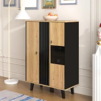 Display Cabinet with LED Lighting and Decorative Glass Doors, Versatile Sideboard with 3 Adjustable Shelves, 80L x 120W x 40H cm, Black+Wood(m-5)