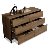 Dark Oak Sideboard with 6 Drawers and Industrial Metal Frame, Industrial Rustic Cabinet with Adjustable Feet, 120L x 40W x 76H cm, Dark Oak(m-2)