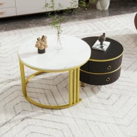 2-In-1 Round Coffee Table Set with High-Gloss Tops, Space-Saving Center Table Set with 2 Drawers, 70L x 70W x 46H cm, White+Black(m-5)