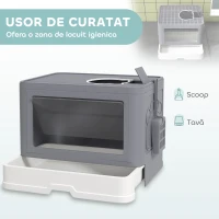PawHut Litieră pentru Pisici Închisă cu Capac și Dublă Intrare, Sertar Glisant, Lopățică și Perie, Gri(m-4)