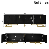 TV Cabinet with Textured Doors Metallic Handles and Sturdy Metal Legs, Elegant TV Stand with Integrated Shelves, 160L x 38W x 44.5H cm, Black(m-3)