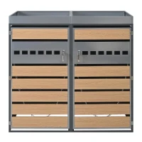 Lockable Outdoor Bin Storage Cabinet with Integrated Planter, Double Bin Storage Shed with Galvanised Steel Frame, 132L x 80W x 124.5H cm, Grey+Wood(m-2)