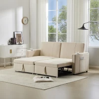 King-Size Pull-Out Sofa Bed with 3-in-1 Convertible 2-Seater, Independent Convertible Couch with Iron and Solid Wood Frame, 207L x 87W x 96H cm, Beige(m-8)
