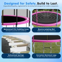 Outdoor Trampoline with Basketball Hoop and Safety Net, Heavy Duty Rebounder with Weatherproof Steel Frame, 366L x 366W x 76H cm, Pink(m-6)