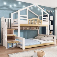 House-Shaped Bunk Bed with Staircase Storage, Space-Saving Kids Bed with Integrated Shelves, 244L x 140W x 206H cm, White+Natural(m-1)