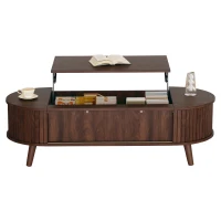 Lift-Up Oval Coffee Table with Hidden Storage and Roller-Shutter Doors, Space-Saving Centre Table with Solid Wood Legs, 120L x 50W x 39.5H cm, Wood(m-2)