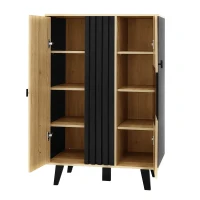 Display Cabinet with LED Lighting and Decorative Glass Doors, Versatile Sideboard with 3 Adjustable Shelves, 80L x 120W x 40H cm, Black+Wood(m-9)