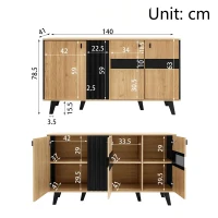 On-Trend Sideboard with Colour-Coordinated Design, Stylish Storage Cabinet with Glass-Front Door, 140L x 41W x 78.5H cm, Black+Wood(m-3)