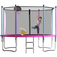 Outdoor Trampoline with Basketball Hoop and Safety Net, Heavy Duty Rebounder with Weatherproof Steel Frame, 366L x 366W x 76H cm, Pink(m-2)