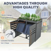 Double Wheelie Bin Storage Box with Planting Top and Tipping Chains, Galvanised Steel Lockable Bin Store with Ventilation Slots, 132L x 80W x 125H cm, Grey(m-4)