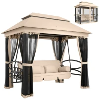 Outsunny Balancelle de Jardin 3 Places Convertible Style Colonial Grand Confort 5 Coussins + Matelas + moustiquaires Inclus 2,56L x 1,72l x 2,48H m Marron Clair(m-12)