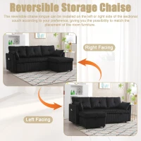 Stylish Sectional Sleeper Sofa with Reversible Storage Chaise, 3-In-1 L-Shaped Sofa with Corduroy Upholstery, 206L x 130W x 88H cm, Black(m-5)