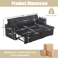Stylish Sectional Sleeper Sofa with Reversible Storage Chaise, 3-In-1 L-Shaped Sofa with Corduroy Upholstery, 206L x 130W x 88H cm, Black(m-3)