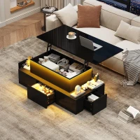 Lift-Top Coffee Table with 4 Drawers and Hidden Storage, Multi-Functional Center Table with Open Shelf and USB Port, 100L x 50W x 40H cm, Black(m-7)
