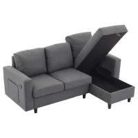 L-Shaped Corner Sofa with Hidden Storage and Side Pockets, Reversible Sectional Couch with Sturdy Wooden Frame, 180L x 120W x 72H cm, Gray(m-2)