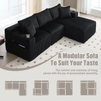 Modular L-Shaped Sectional Sofa with Deep Seat, Plush Corduroy Boneless Couch for Living Room, 257L x 160W x 80H cm, Black(m-4)