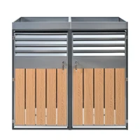 Bin Storage Unit with Built-In Planter and Louvred Ventilation, Double Bin Storage Shed with Galvanised Steel Frame, 132L x 80W x 124.5H cm, Grey+Wood(m-2)