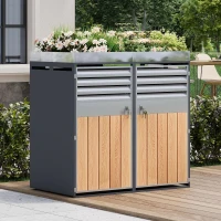 Bin Storage Unit with Built-In Planter and Louvred Ventilation, Double Bin Storage Shed with Galvanised Steel Frame, 132L x 80W x 124.5H cm, Grey+Wood(m-5)
