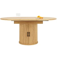 Extendable Round Dining Table with Hidden Leaf Storage, Extension Kitchen Table with Realistic Wood-Grain Finish, 118L x 118W x 76H cm, Natural(m-12)