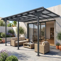 Outsunny Pergola adossée aluminium 4,5 x 3 m avec toit en polycarbonate résistant UV, gouttière intégrée, tonnelle de jardin pour terrasse patio véranda, gris(m-2)