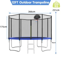 Outdoor Trampoline with Basketball Hoop and Safety Net, Heavy Duty Rebounder with Weatherproof Steel Frame, 366L x 366W x 76H cm, Blue(m-3)