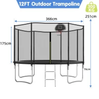 Outdoor Trampoline with Basketball Hoop and Safety Net, Heavy Duty Rebounder with Weatherproof Steel Frame, 366L x 366W x 76H cm, Black(m-3)