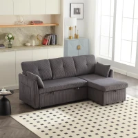 Stylish Sectional Sleeper Sofa with Reversible Storage Chaise, 3-In-1 L-Shaped Sofa with Corduroy Upholstery, 206L x 130W x 88H cm, Charcoal Grey(m-1)