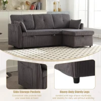 Stylish Sectional Sleeper Sofa with Reversible Storage Chaise, 3-In-1 L-Shaped Sofa with Corduroy Upholstery, 206L x 130W x 88H cm, Charcoal Grey(m-7)