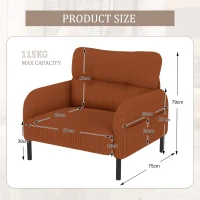 Corduroy Single-Seater Armchair with High-Density Foam Cushion, Ergonomic Wide Seat with Double Side Storage Pockets, 67L x 75W x 79H cm, Orange(m-3)