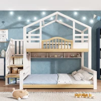House-Shaped Bunk Bed with Staircase Storage, Space-Saving Kids Bed with Integrated Shelves, 244L x 140W x 206H cm, White+Natural(m-7)