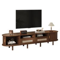 Rattan TV Stand with Sliding Doors and 8 Solid Wood Legs, Oak TV Cabinet with Rounded Corner, 170L x 40W x 40H cm, Oak(m-2)