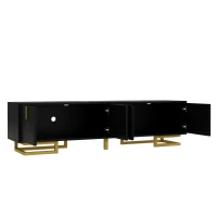 TV Cabinet with Textured Doors Metallic Handles and Sturdy Metal Legs, Elegant TV Stand with Integrated Shelves, 160L x 38W x 44.5H cm, Black(m-7)