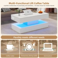 Modern Coffee Table with Bluetooth-Controlled LED Lighting, Lift-Up Center Table with Hidden Storage and Hydraulic Lift, 100L x 50W x 42H cm, White(m-6)