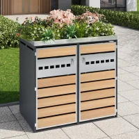 Lockable Outdoor Bin Storage Cabinet with Integrated Planter, Double Bin Storage Shed with Galvanised Steel Frame, 132L x 80W x 124.5H cm, Grey+Wood(m-1)