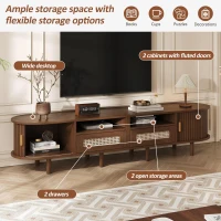 Rattan TV Stand with Sliding Doors and 8 Solid Wood Legs, Oak TV Cabinet with Rounded Corner, 170L x 40W x 40H cm, Oak(m-5)
