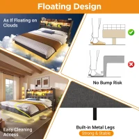 Upholstered Double Floating Bed with LED Mood Lighting, Low-Profile Floating Bed Frame with Storage Headboard, 202L x 142W x 114H cm, Grey(m-6)