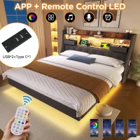 Upholstered Double Floating Bed with LED Mood Lighting, Low-Profile Floating Bed Frame with Storage Headboard, 202L x 142W x 114H cm, Grey(m-4)